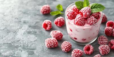 Frozen raspberry dessert in a glass garnished with fresh mint leaves on a textured gray countertop photo