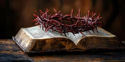 Crown of thorns placed on an open Bible symbolizes sacrifice and faith in a profound setting photo