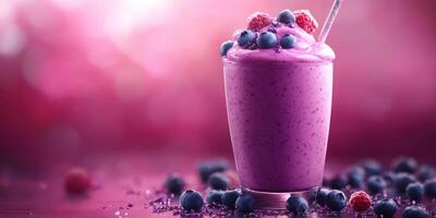 Berry smoothie topped with raspberries and blueberries on a vibrant pink background photo