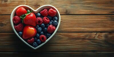 Fresh berries and fruits arranged in a heart-shaped bowl on a rustic wooden table photo