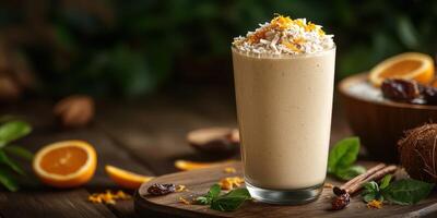Creamy coconut smoothie garnished with orange zest and shredded coconut on wooden table photo