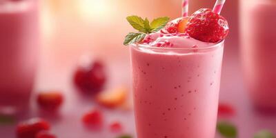 Refreshing strawberry smoothie served in a tall glass with mint garnish during a sunny afternoon photo