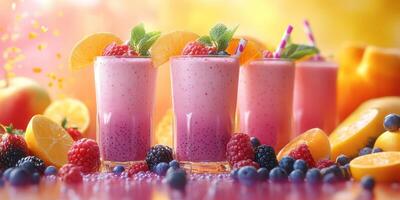 Refreshing fruit smoothies made with berries and citrus in a vibrant summer setting photo