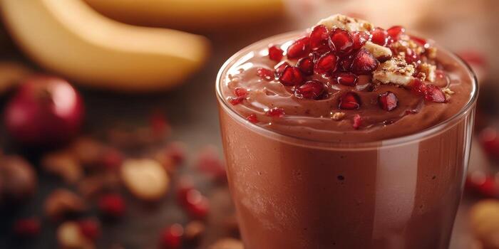 Rich chocolate smoothie with pomegranate and banana served in a glass, topped with nuts, ideal for a nutritious breakfast or snack photo