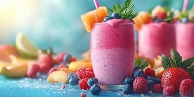 Colorful fruit smoothies topped with fresh berries and mint leaves on a vibrant blue background photo