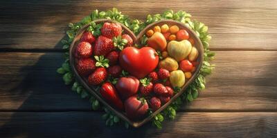Fresh fruit arranged in a heart shape on a rustic wooden surface at a summer gathering photo