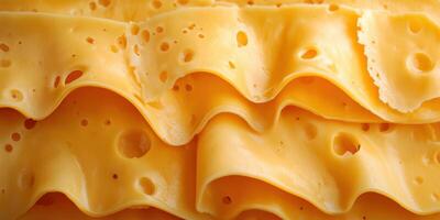 Layers of yellow cheese displaying a textured surface and characteristic holes, perfect for culinary dishes and gourmet experiences photo