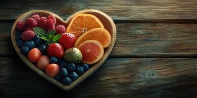 Colorful fruit arrangement in heart-shaped bowl on rustic wooden table for healthy snack and decorative inspiration photo