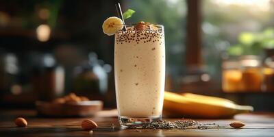 Creamy banana smoothie with nuts and chia seeds served in a tall glass on a rustic wooden table photo