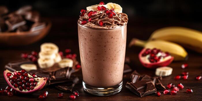 Chocolate banana smoothie topped with pomegranate seeds set against dark wood background photo