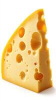 Slice of yellow cheese with holes arranged on a white background highlighting its texture and color photo