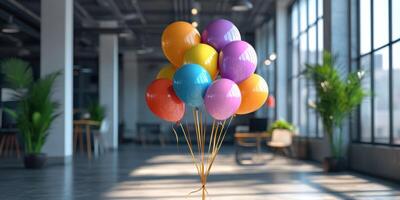 Colorful balloons brighten up a modern indoor office space filled with plants and natural light photo
