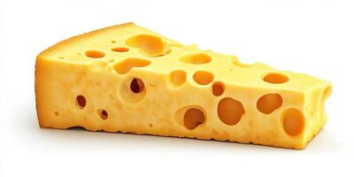Slice of cheese with holes on a white background showcasing its texture and color variations photo