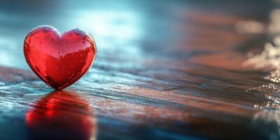 Heart-shaped glass object resting on a reflective surface with droplets and soft lighting in a tranquil setting photo