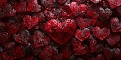 Colorful red heart-shaped gummies arranged in a playful pattern against a dark background photo