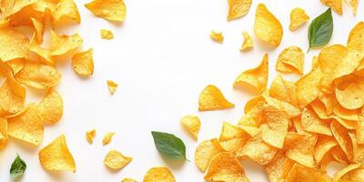Crispy potato chips scattered on a white surface creating a vibrant snack display at a cozy gathering photo