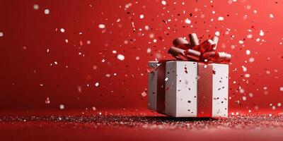 Festive gift box surrounded by colorful confetti celebrating a special occasion photo