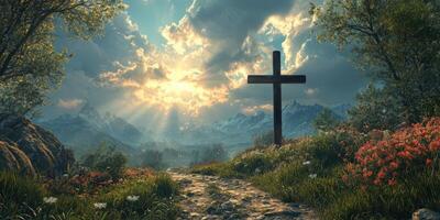 Sunlight breaks through clouds over a peaceful valley with a wooden cross and blooming flowers photo