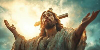 Dramatic portrayal of a man with a cross against a vibrant sky during a spiritual moment of reflection and worship photo