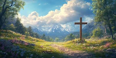 Serenity of a wooden cross in a picturesque landscape with mountains and blooming flowers photo