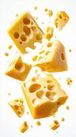 Yellow cheese cubes float in mid-air with scattered pieces in a light background photo
