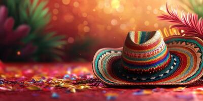 Colorful sombrero adorned with vibrant decorations and confetti set against a festive background photo