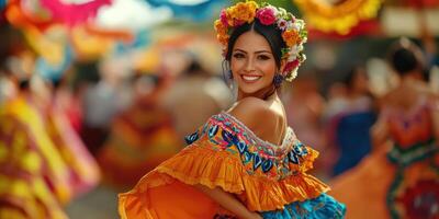 Colorful traditional dancer smiles brightly during vibrant festival celebration in a lively outdoor setting photo