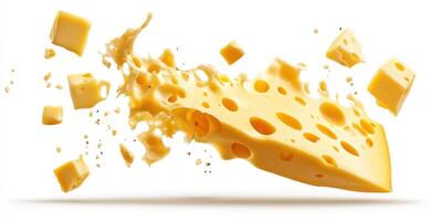 Cheese pieces in mid-air showcasing a dynamic and playful culinary moment photo