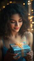 Young woman joyfully holds a beautifully wrapped gift with twinkling lights in the background during a festive celebration photo