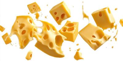 Slices of cheese in mid-air creating a playful and appetizing display with melted edges and holes photo