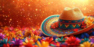 Colorful sombrero resting on vibrant flowers in festive atmosphere at sunset photo