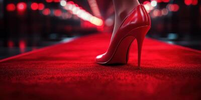 Elegant red high heel on plush carpet in a strikingly lit corridor, highlighting glamour and fashion in a contemporary setting photo