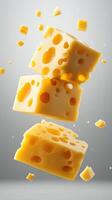 Three chunks of cheese floating in the air against a minimalist background with scattered cheese pieces photo