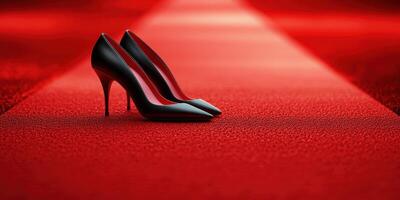 Elegant black high heels on a vibrant red carpet setting for a formal event photo