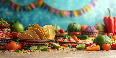Colorful taco spread featuring fresh ingredients and vibrant decorations for a festive celebration photo