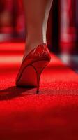 Elegant red high heel shoes step gracefully on a vibrant red carpet in an upscale event photo