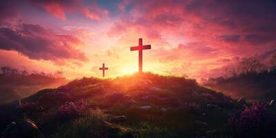 Sunrise over a hillside cemetery with crosses surrounded by blooming flowers and a vibrant sky photo
