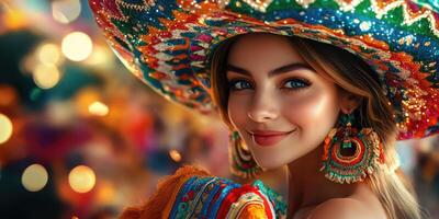 Woman wearing a colorful sombrero and vibrant earrings during a festive celebration in a lively outdoor setting photo