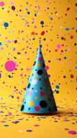 Colorful party hat on bright yellow background with confetti scattered everywhere celebrating a joyful occasion photo