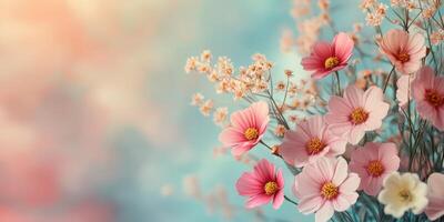 Vibrant bouquet of pink flowers and delicate blossoms against a soft pastel background photo