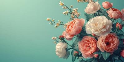Beautiful arrangement of pastel roses and blossoms against a soft teal background for spring decoration photo
