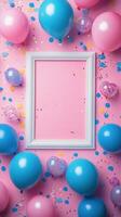 Festive birthday celebration setup with colorful balloons and a blank frame on a pink background photo