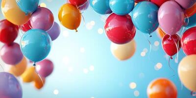 Colorful balloons floating against a bright blue background create a festive atmosphere for celebrations and events photo