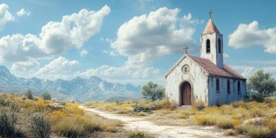 Scenic view of an old chapel surrounded by mountains and a winding dirt path on a sunny day photo