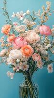 Bright and colorful bouquet of flowers arranged in a clear vase against a blue background photo