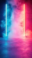 Vibrant neon lights illuminate a misty space for a captivating ambiance and modern aesthetics photo