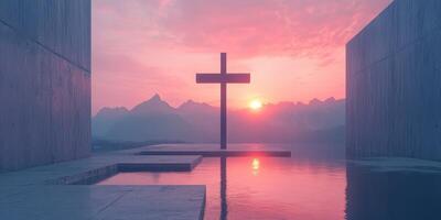 Sunrise view of a cross by the water surrounded by mountains and modern architecture at dawn photo