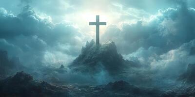 Cross stands majestically atop a rocky hill surrounded by clouds and ethereal light at dawn photo