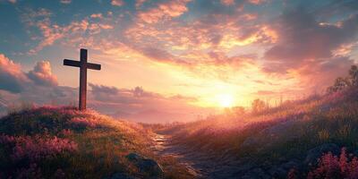 Sunset over a serene landscape with a cross on a hillside and colorful flowers in bloom photo