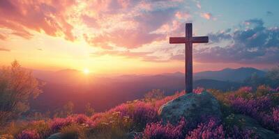 Sunset view with a wooden cross on a hillside surrounded by blooming flowers in a serene landscape photo